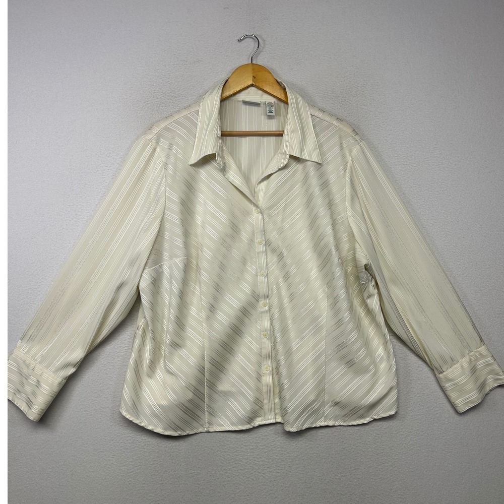 Modern Career Covington Woman 24W Ivory Striped Metallic Lurex Button Down Top